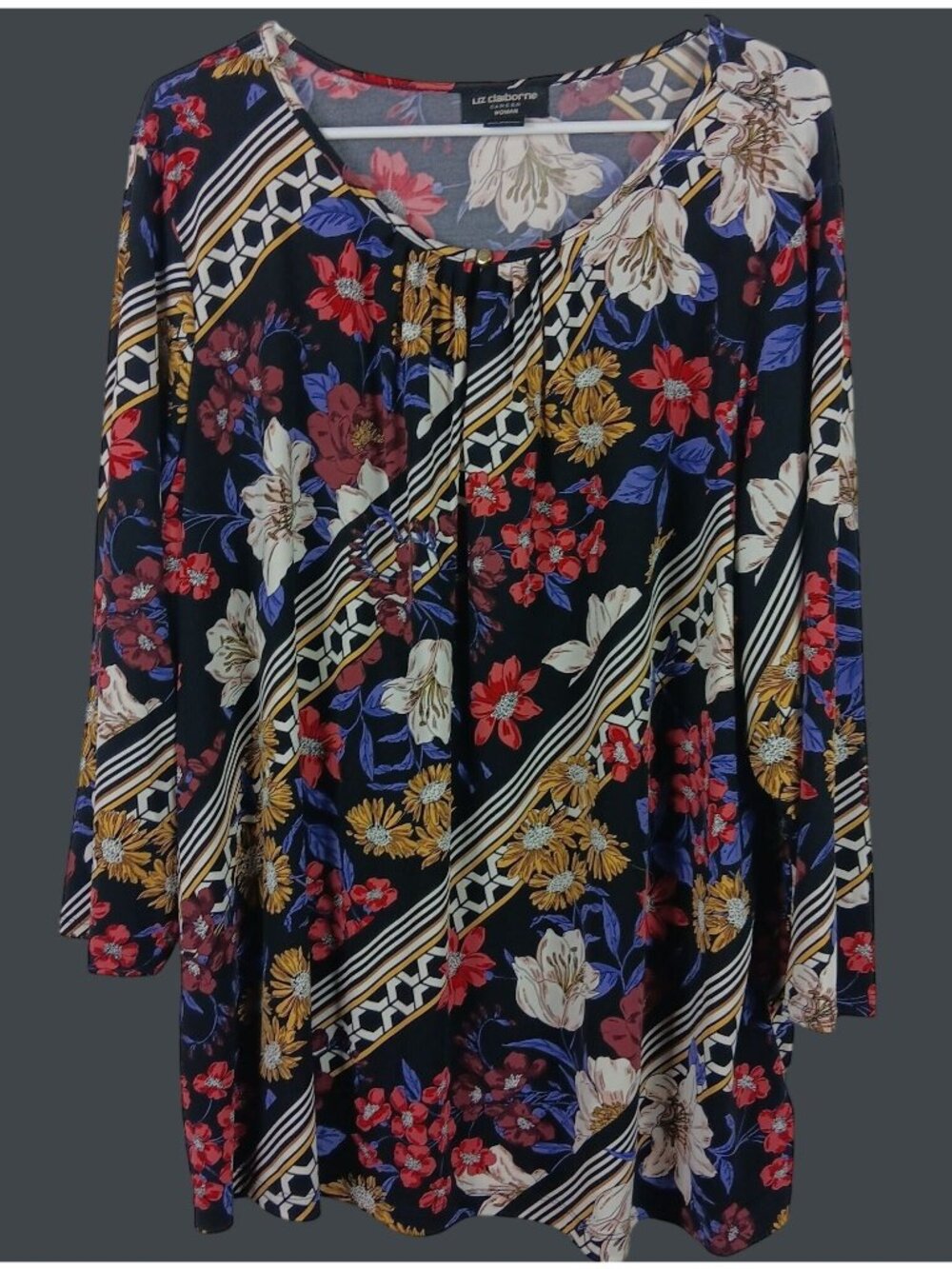 Liz Claiborne Career Floral Keyhole Tunic Top Womens 2X Black Office Workwear